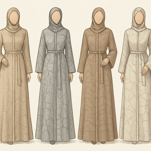 Create a modest two-piece linen abaya, the first of its kind, featuring a unique stone design that exudes a classy and sophisticated vibe. I'd like four designs, each showcasing different styles and fabrics. Incorporate high-end, unique chic stone designs to make them truly special. Add little sophisticated stone designs.
