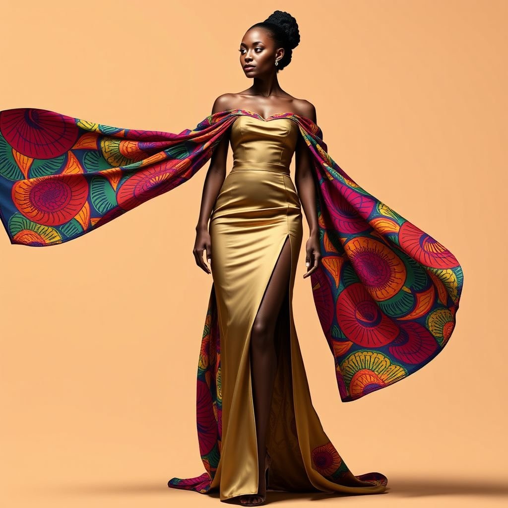 Venda Prints (like Shweshwe or Chitenge fabrics) would add a traditional touch while keeping the dress modern and vibrant. • Satin or taffeta can be used for the body-hugging part of the dress, offering a sleek silhouette.
Envision a striking off-shoulder gown featuring bold Venda Prints as a flowing overlay, cascading elegantly from a fitted satin bodice. The vibrant colors and intricate patterns invoke cultural heritage, while a high slit adds modern allure. Taffeta accents highlight the silhouette, creating a stunning juxtaposition of tradition and contemporary elegance.