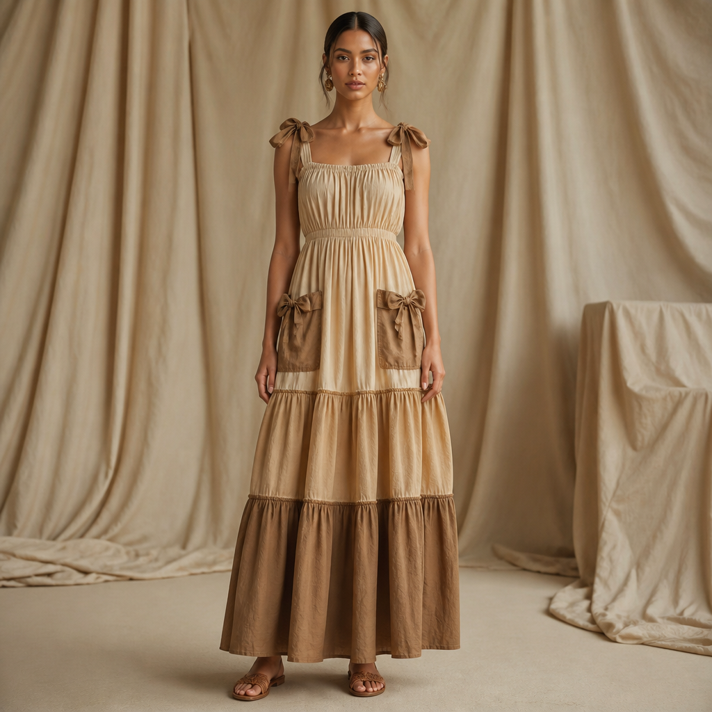 A Female Dress design, suitable for Spring, in Bohemian style. walk away dress with stylish bows on the pockets and shoulder trims. the dress must be in earth tone colours. South Africa fashion aesthetics. Present it as professional fashion catalogue photography: the garment is the subject, shown full-length with editorial styling, neutral posing and tasteful, non-suggestive framing.
photorealistic fashion design, A Female Dress design, suitable for Spring, in Bohemian style. walk away dress with stylish bows on the pockets and shoulder trims. the dress must be in earth tone colours. South Africa fashion aesthetics. Present it as professional fashion catalogue photography: the garment is the subject, shown full-length with editorial styling, neutral posing and tasteful, non-suggestive framing., bohemian style, just the design no text