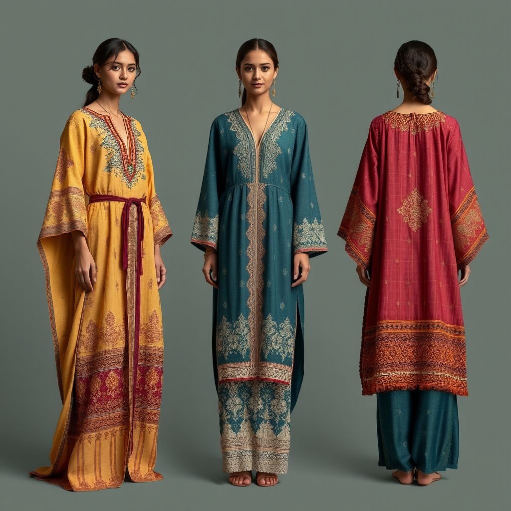 Kaftans
Design a series of exquisite kaftans crafted from richly textured, hand-dyed fabrics. Emphasize intricate, hand-stitched embellishments featuring traditional motifs and organic patterns. Incorporate flowing silhouettes that celebrate movement, alongside artisanal beading and lace details. Each piece should reflect a story of craftsmanship, celebrating individuality and the beauty of handmade artistry.