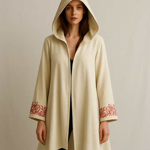 A long edgy jacket cream, flowy with hood and red embroidery on cuffs