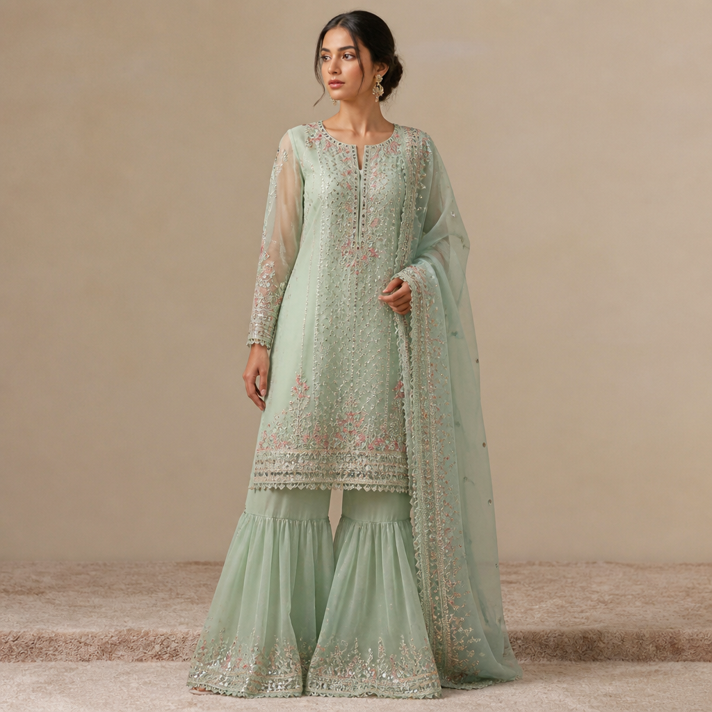 A Dress design. Consider Pakistani fashion — shalwar kameez, gharara, sharara; lawn fabrics, chiffon; intricate embroidery and mirror work. Current season is Summer in Pakistan.
photorealistic fashion design, A Dress design. Consider Pakistani fashion — shalwar kameez, gharara, sharara; lawn fabrics, chiffon; intricate embroidery and mirror work. Current season is Summer in Pakistan., just the design no text