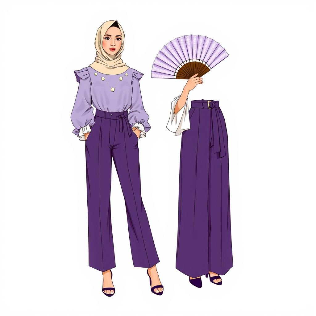 Modest Fashion Design Description – Hijabi Style Overall Style: Elegant, modest, and modern — this design balances soft femininity with structured sophistication. It’s perfect for a fashion-conscious hijabi woman seeking grace, coverage, and style. ⸻ 👒 Hijab • Color: سكري (Creamy/off-white) • Style: Smooth, draped close to the face with a clean, rounded edge. • Fabric: Light, breathable chiffon or soft cotton. • Coverage: Covers the hair, ears, neck, and chest area fully — no skin is exposed. • Underlayer: Black or neutral fitted inner cap for structure and modesty (visible slightly under chin). ⸻ 👚 Blouse (Top) • Color: Light lavender (pale purple), exactly like your drawing. • Cut: Slightly loose fit, tucked into pants, with a structured collar. • Sleeves: • Main sleeve: Long and puffed from the shoulder to mid-forearm, cinched at the elbow with slight gathering. • Pearl detail: A cluster of medium-sized pearls is stitched elegantly around the elbow area in a circular pattern. • Under sleeve: White chiffon inner sleeve, extending slightly beyond the outer sleeve (creating a layered ruffle/cascade effect). Fabric has كسَرات (pleats) for texture and movement. • Neckline: Fully covered. The model wears an inner body (black or nude long-sleeve top) underneath to cover neck/chest area if blouse opens at the top. ⸻ 👖 Pants • Color: Deep violet (dark purple), same tone as in your drawing. • Cut: High-waisted (reaches above the navel), wide-leg and loose-fitting for modesty. • Waistband / Belt: • Attached belt in the same pant color or slightly darker. • Centered with a round buckle (metallic or fabric-covered), which gives structure and elegance. • Belt seam is emphasized and intentionally visible. ⸻ 👠 Heels • Type: Open-toe sandals (front toes visible). • Color: Dark purple (matching pants) or black. • Design Detail: • Single wide strap over the toes. • Extra layer beneath toe area, like a small platform or second material, for height and balance. • Heel height: Medium, block-style for stability. ⸻ 🎐 Fan (Accessory) • Held in the left hand gracefully. • Same soft lavender tone as the blouse. • Accordion-style, slightly opened. • Optional detail: subtle shimmer or embroidery at the base. ⸻ 🧕🏽 Modesty Details • No part of chest, neck, or arms is visible. • Fabric layering ensures full coverage while maintaining elegance. • The outfit is suitable for formal settings or fashion-forward modest wear.
**Elegant Modest Fashion Design Prompt**: Envision a contemporary hijabi ensemble, exuding sophistication and allure. The hijab, in creamy chiffon, gently frames the face, harmonizing with a lavender puff-sleeve blouse adorned with pearl accents and a white layered under-sleeve. Complemented by high-waisted, deep violet wide-leg pants featuring a statement belt, the look is elevated with dark purple block-heeled sandals. A graceful lavender fan, shimmering at the edges, is held delicately, embodying modern elegance while ensuring complete coverage and comfort—perfect for a stylish, modest fashionista. This design embodies a seamless blend of tradition and trend.