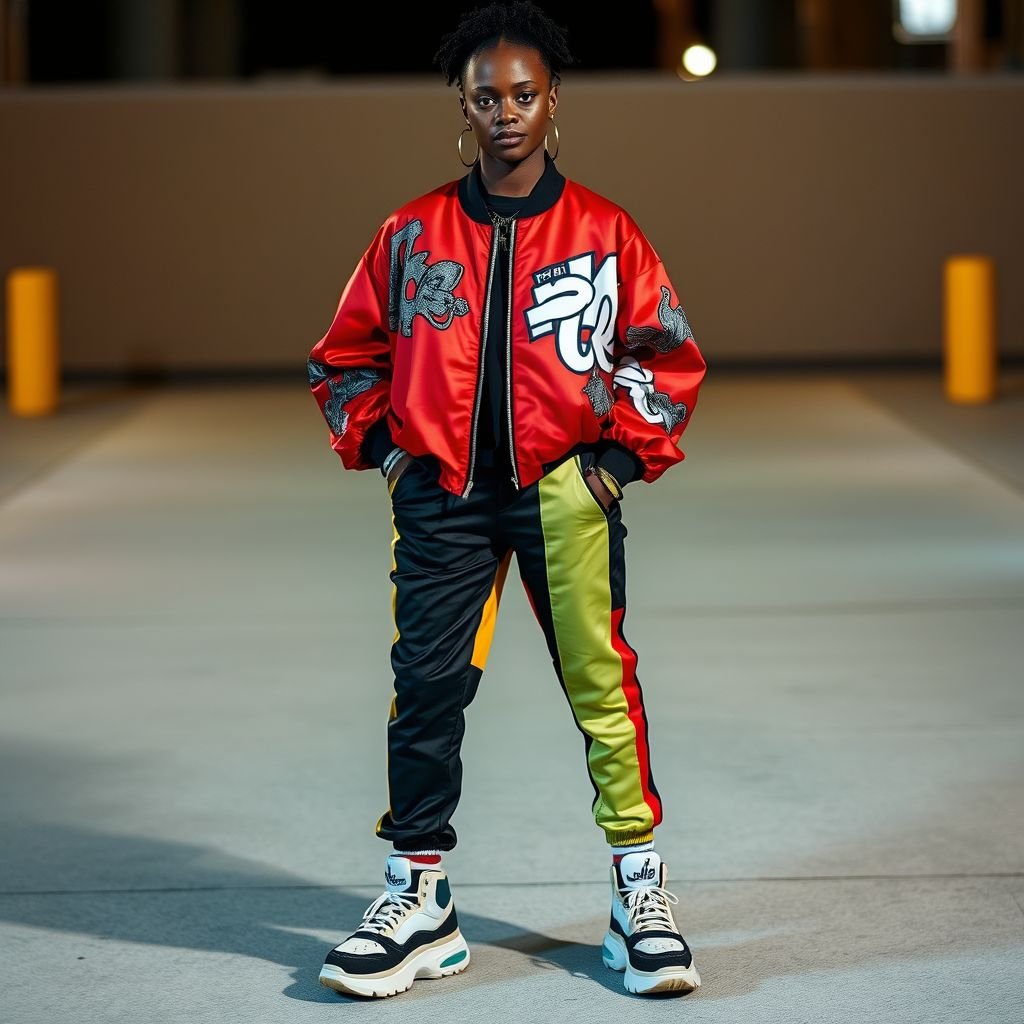 Dre’s
Dre's collection fuses urban streetwear with high-fashion elegance. Picture oversized silken bomber jackets adorned with intricate graffiti-like embroidery, paired with tapered, high-waisted trousers featuring bold color-blocking. Accessorized with chunky sneakers and oversized hoop earrings, this design captures a youthful energy, merging edgy aesthetics with playful sophistication, perfect for city nightlife.