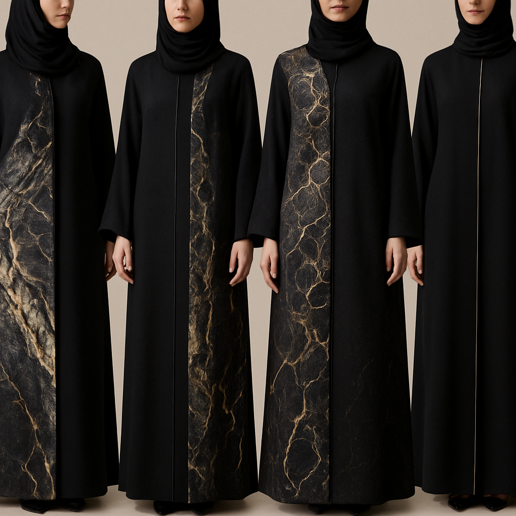 Create a modest abaya, first of its kind, featuring a unique stone design that exudes a classy and sophisticated vibe. I'd like four designs, each showcasing different styles and fabrics. Incorporate high-end, unique chic stone designs to make them truly special. Add little sophisticated stone designs. Make it irresistible for customers
Create a modest abaya, first of its kind, featuring a unique stone design that exudes a classy and sophisticated vibe. I'd like four designs, each showcasing different styles and fabrics. Incorporate high-end, unique chic stone designs to make them truly special. Add little sophisticated stone designs. Make it irresistible for customers