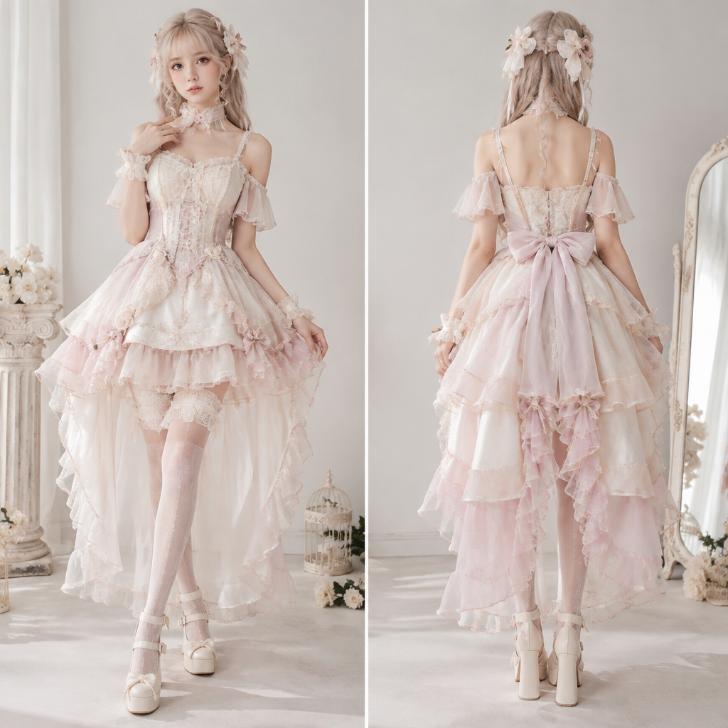 A Female Dress design, with a light, flowing drape, with a Bodycon silhouette, styled in layers, in a Pastels color palette, for Casual, suitable for Spring, suited to a Temperate climate, in Angelcore + Lolita + Kawaii style, shown on a model with fair skin and a petite figure Present it as professional fashion catalogue photography: the garment is the subject, shown full-length with editorial styling, neutral posing and tasteful, non-suggestive framing.
photorealistic fashion design, A Female Dress design, with a light, flowing drape, with a Bodycon silhouette, styled in layers, in a Pastels color palette, for Casual, suitable for Spring, suited to a Temperate climate, in Angelcore + Lolita + Kawaii style, shown on a model with fair skin and a petite figure Present it as professional fashion catalogue photography: the garment is the subject, shown full-length with editorial styling, neutral posing and tasteful, non-suggestive framing., angelcore style, just the design no text, show front and back