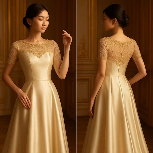 A royal-inspired elegant gown with a slim, graceful Korean-style silhouette. The dress has a tight, fitted waist and a flowing, floor-length skirt made of satin or silk. The shoulders are beautifully covered with delicate lace or sheer fabric, giving a modest yet refined look. Add pearl or gold embroidery around the neckline and sleeves for a royal touch. The model poses elegantly — one hand resting on the waist, the other softly raised in the air — showing confidence, elegance, and poise. Lighting should feel warm and luxurious, like a royal portrait taken in a French palace.
