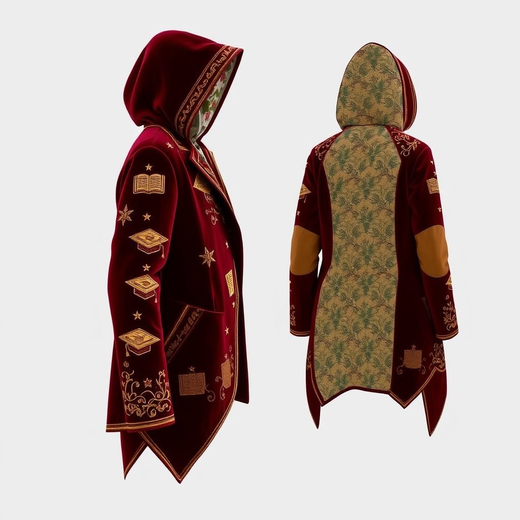 Matric jacket
Imagine a matric jacket featuring a rich burgundy velvet base, adorned with intricate gold embroidery of academic motifs like books and graduation caps. The sleeves are tailored with a modern asymmetrical cut, revealing an interior floral lining. Complete the look with a detachable hood and suede elbow patches for a chic, scholarly vibe.
