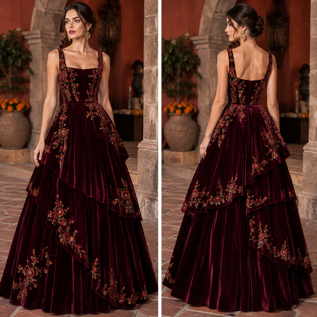 A Dress design, made of Velvet, with a crisp, structured drape, with an A-Line silhouette, styled in layers, in a Jewel Tones color palette, for Formal, suitable for Fall, in Glamorous style, shown on a model with fair skin and a slim figure. Mexico fashion aesthetics. Present it as professional fashion catalogue photography: the garment is the subject, shown full-length with editorial styling, neutral posing and tasteful, non-suggestive framing.
photorealistic fashion design, A Dress design, made of Velvet, with a crisp, structured drape, with an A-Line silhouette, styled in layers, in a Jewel Tones color palette, for Formal, suitable for Fall, in Glamorous style, shown on a model with fair skin and a slim figure. Mexico fashion aesthetics. Present it as professional fashion catalogue photography: the garment is the subject, shown full-length with editorial styling, neutral posing and tasteful, non-suggestive framing., glamorous style, just the design no text, show front and back