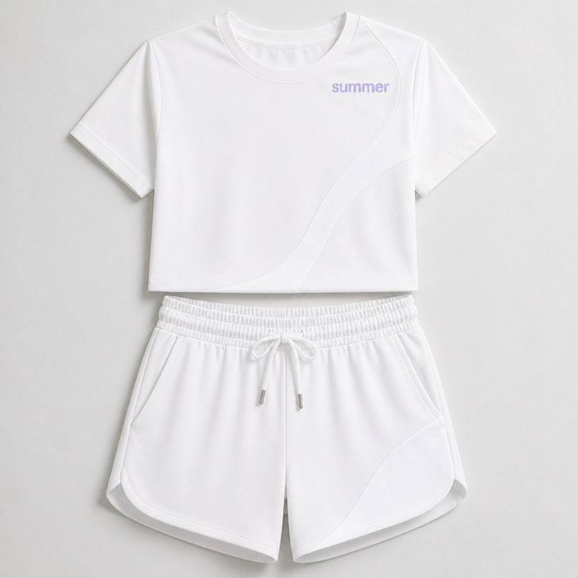 Place "summer" on the top right of the shirt.
Make the shirt and trousers white. Make the letters light purple.
edit the attached fashion design with these instructions: Place "summer" on the top right of the shirt.
Make the shirt and trousers white. Make the letters light purple.. keep it photorealistic, just the design no text