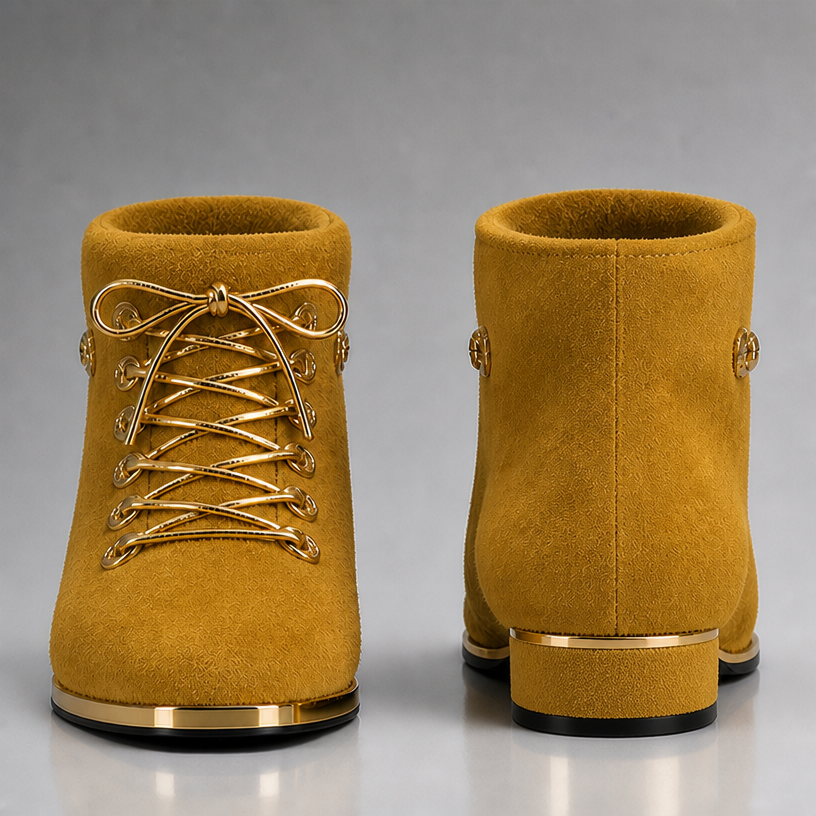 Make the heel in mustard suede
edit the attached fashion design with these instructions: Make the heel in mustard suede. keep it photorealistic, just the design no text