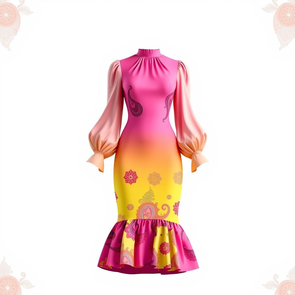 Create a high neck mini bodycon that ends in ruffles dress with long bishop sleeves and use the colors light pink, hot pink, yellow and GREY NOT CREAM OR BEIGE as the background color for the bandana paisley print ON the dress
Design a vibrant summer bodycon dress featuring a chic high neckline and playful mini length. Long bishop sleeves billow elegantly, while a flirty ruffle hem adds movement. Use a bold gradient of light pink, hot pink, and sunny yellow against a soft grey background adorned with a captivating bandana paisley print, embodying warmth and joy.