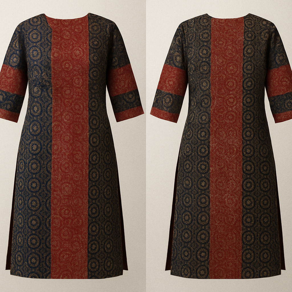 A straight cut silted indian ethnic Kurthi with three panels on the front as well as on the back, fabrics used are Ajrkh hand block printed cotton fabric. The centre panel shall be ajrakh printed red base fabric, left panel indigo blue-red combination ajrakh printed fabric and the right panel shall ba black base ajrakh printed fabric. The slits on both sides shall start 21 inches below the shoulder of the Kurthi, the 3/4th sleeve with 17 inches length shall be made with patches of indigo blue-red combination, red base and black base fabrics. Sleeve shall be made with Three horizontal patches. Kurtha across shoulder measurement 14 inches, chest 32 inches, waist 28 inches and hip 36 inches, length of the Kurthi shall be 45 inches from shoulder


A straight cut silted indian ethnic Kurthi with three panels on the front as well as on the back, fabrics used are Ajrkh hand block printed cotton fabric. The centre panel shall be ajrakh printed red base fabric, left panel indigo blue-red combination ajrakh printed fabric and the right panel shall ba black base ajrakh printed fabric. The slits on both sides shall start 21 inches below the shoulder of the Kurthi, the 3/4th sleeve with 17 inches length shall be made with patches of indigo blue-red combination, red base and black base fabrics. Sleeve shall be made with Three horizontal patches. Kurtha across shoulder measurement 14 inches, chest 32 inches, waist 28 inches and hip 36 inches, length of the Kurthi shall be 45 inches from shoulder
, show front and back
