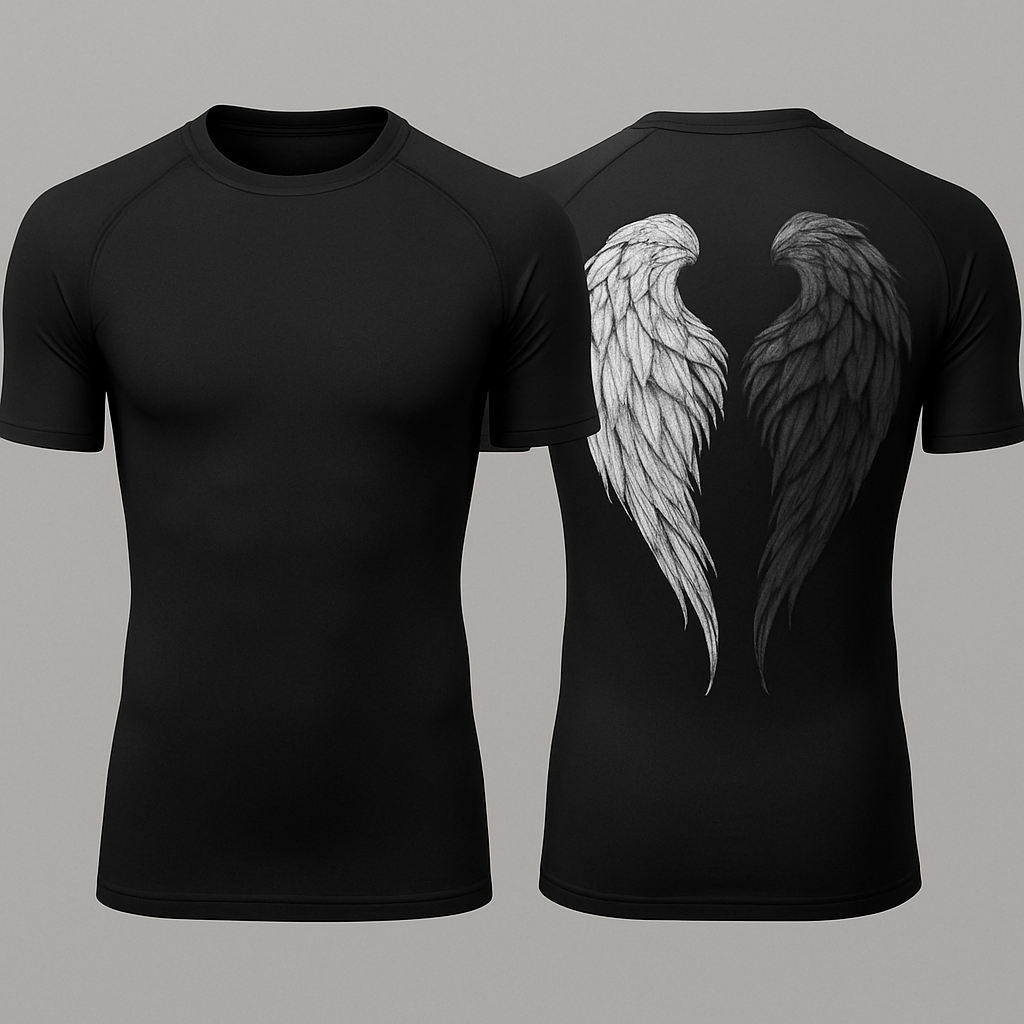 Black base compression fit short sleeve rash guard with angel wings in the back 

Make one wing white and the other black but lighter shade of black compared to the base color 

Make the black wing a little more of a lighter shade 

Still little more lighter 

Can you make the wings form kinda a heart shape but not to obnoxious, I still want them to look natural 

Black base compression fit short sleeve rash guard with angel wings in the back 

Make one wing white and the other black but lighter shade of black compared to the base color 

Make the black wing a little more of a lighter shade 

Still little more lighter 

Can you make the wings form kinda a heart shape but not to obnoxious, I still want them to look natural , gothic style, show front and back
