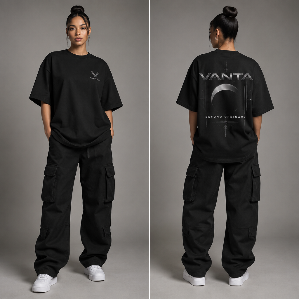 A Female Top design, with a sleek, smooth finish, with an Oversized silhouette, with modest, full coverage: longer hemlines, higher necklines and covered shoulders, for Streetwear, suitable for Spring, in Streetwear style. A premium unisex oversized streetwear T-shirt called the VANTA VOID TEE. The shirt has a relaxed, boxy oversized fit with dropped shoulders and a heavyweight premium cotton appearance. The base color is deep matte black. Place a small, clean VANTA logo on the upper left chest in subtle metallic silver. On the back, feature a large futuristic VANTA graphic with the words “BEYOND ORDINARY” in bold modern typography. Keep the design minimal, dark, sophisticated, and luxurious, with subtle futuristic details. The overall look should feel exclusive, confident, urban, and high-end, suitable for everyday streetwear.. South Africa fashion aesthetics. Present it as professional fashion catalogue photography: the garment is the subject, shown full-length with editorial styling, neutral posing and tasteful, non-suggestive framing.
photorealistic fashion design, A Female Top design, with a sleek, smooth finish, with an Oversized silhouette, with modest, full coverage: longer hemlines, higher necklines and covered shoulders, for Streetwear, suitable for Spring, in Streetwear style. A premium unisex oversized streetwear T-shirt called the VANTA VOID TEE. The shirt has a relaxed, boxy oversized fit with dropped shoulders and a heavyweight premium cotton appearance. The base color is deep matte black. Place a small, clean VANTA logo on the upper left chest in subtle metallic silver. On the back, feature a large futuristic VANTA graphic with the words “BEYOND ORDINARY” in bold modern typography. Keep the design minimal, dark, sophisticated, and luxurious, with subtle futuristic details. The overall look should feel exclusive, confident, urban, and high-end, suitable for everyday streetwear.. South Africa fashion aesthetics. Present it as professional fashion catalogue photography: the garment is the subject, shown full-length with editorial styling, neutral posing and tasteful, non-suggestive framing., streetwear style, just the design no text, show front and back