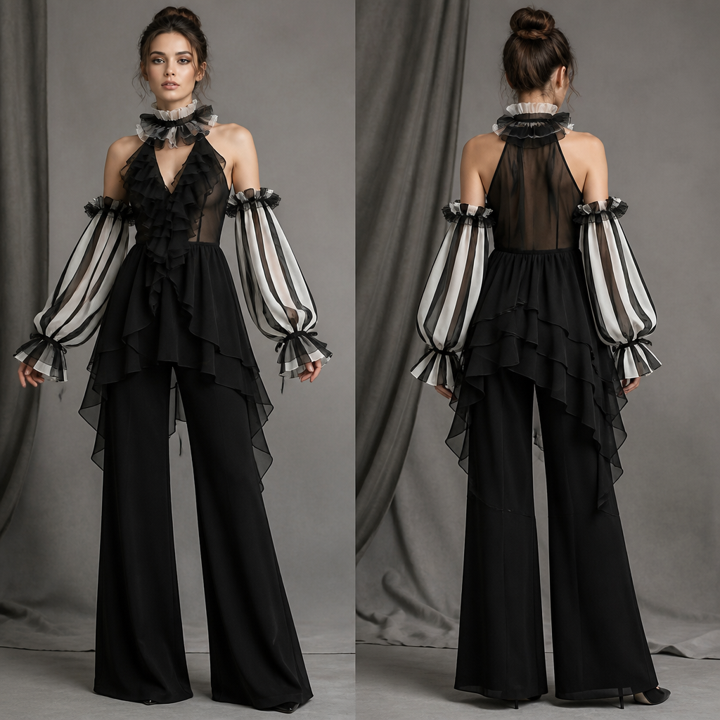 A Female Top design, made of Chiffon, styled in layers, in Monochrome style. black and white striped bolero type detachable sleeves for a circus themed costume Present it as professional fashion catalogue photography: the garment is the subject, shown full-length with editorial styling, neutral posing and tasteful, non-suggestive framing.
photorealistic fashion design, A Female Top design, made of Chiffon, styled in layers, in Monochrome style. black and white striped bolero type detachable sleeves for a circus themed costume Present it as professional fashion catalogue photography: the garment is the subject, shown full-length with editorial styling, neutral posing and tasteful, non-suggestive framing., monochrome style, just the design no text, show front and back