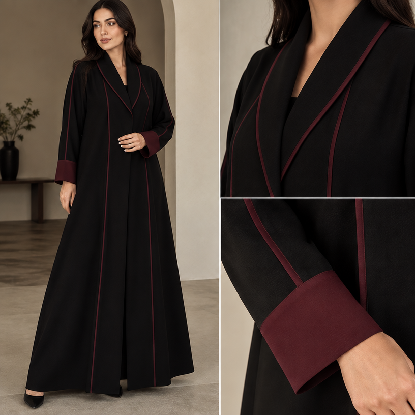 اضافة ياقة وشريط صغير لون عودي
edit the attached fashion design with these instructions: اضافة ياقة وشريط صغير لون عودي. keep it photorealistic, just the design no text
