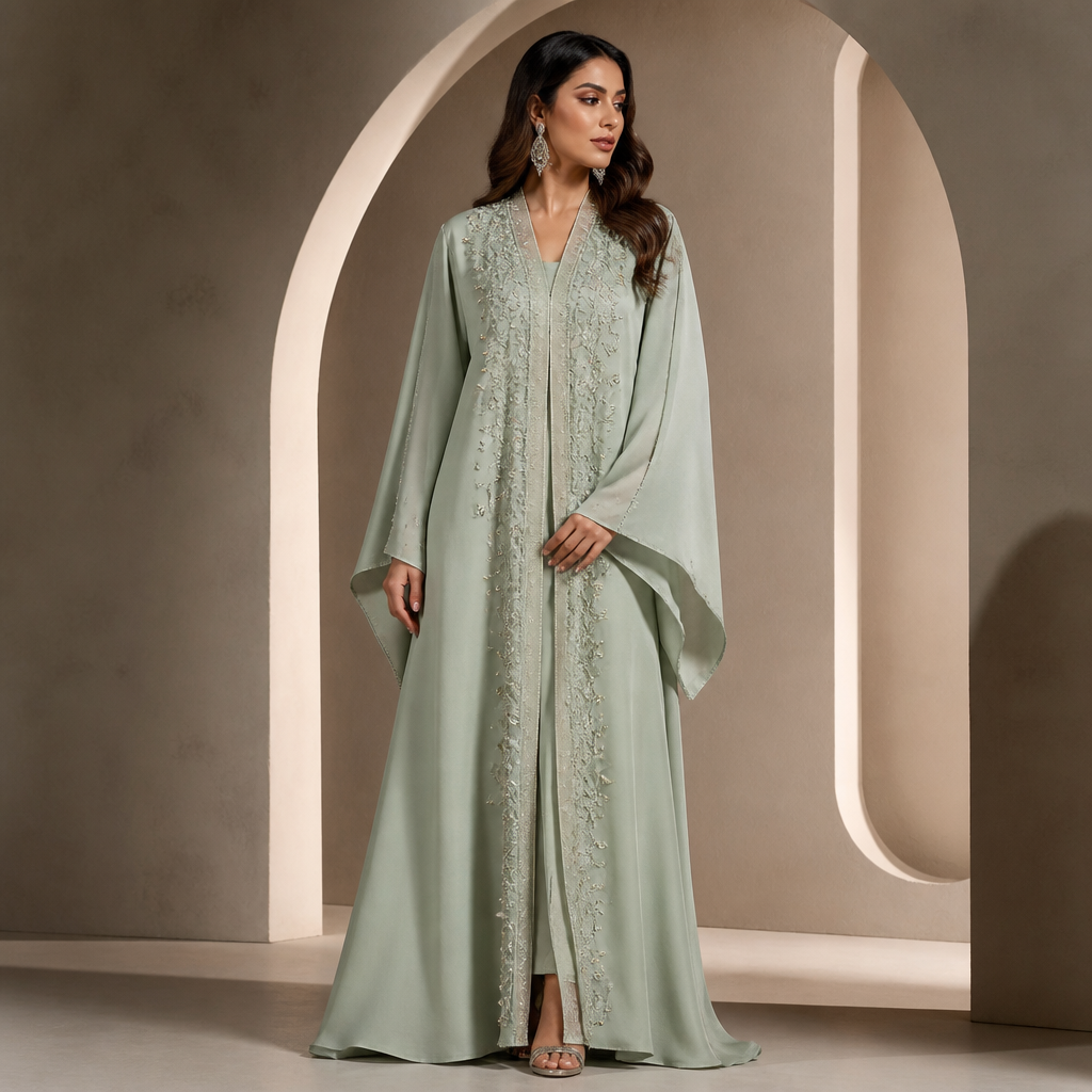 A Dress design, in Glamorous style. Saudi Arabia fashion aesthetics. Present it as professional fashion catalogue photography: the garment is the subject, shown full-length with editorial styling, neutral posing and tasteful, non-suggestive framing.
photorealistic fashion design, A Dress design, in Glamorous style. Saudi Arabia fashion aesthetics. Present it as professional fashion catalogue photography: the garment is the subject, shown full-length with editorial styling, neutral posing and tasteful, non-suggestive framing., glamorous style, just the design no text