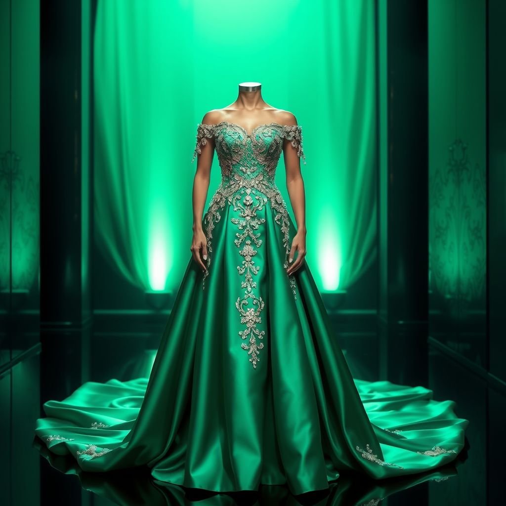 Prom dress
Create an opulent prom dress that exudes luxury: envision a cascading gown crafted from shimmering silk satin, adorned with intricate lace appliqués and hand-sewn crystals. The neckline should be a dramatic off-the-shoulder design, complemented by a sweeping train. Use a rich emerald green palette, reflecting elegance and sophistication for an unforgettable entrance.