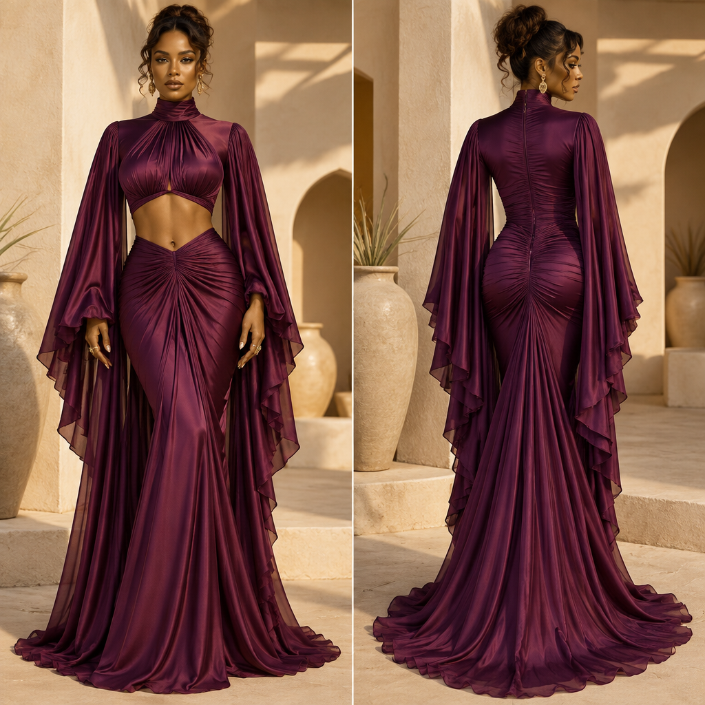 A Female Dress design, made of Satin, with a rich, textured surface, with a Bodycon silhouette, in a Jewel Tones color palette, for Party, suited to a Dry & Arid climate, in Bohemian style, shown on a model with brown skin. like a gown with and open stomach with a flowy end and flowy sleeves it should me up to mycollar. Nigeria fashion aesthetics. Present it as professional fashion catalogue photography: the garment is the subject, shown full-length with editorial styling, neutral posing and tasteful, non-suggestive framing.
photorealistic fashion design, A Female Dress design, made of Satin, with a rich, textured surface, with a Bodycon silhouette, in a Jewel Tones color palette, for Party, suited to a Dry & Arid climate, in Bohemian style, shown on a model with brown skin. like a gown with and open stomach with a flowy end and flowy sleeves it should me up to mycollar. Nigeria fashion aesthetics. Present it as professional fashion catalogue photography: the garment is the subject, shown full-length with editorial styling, neutral posing and tasteful, non-suggestive framing., bohemian style, just the design no text, show front and back