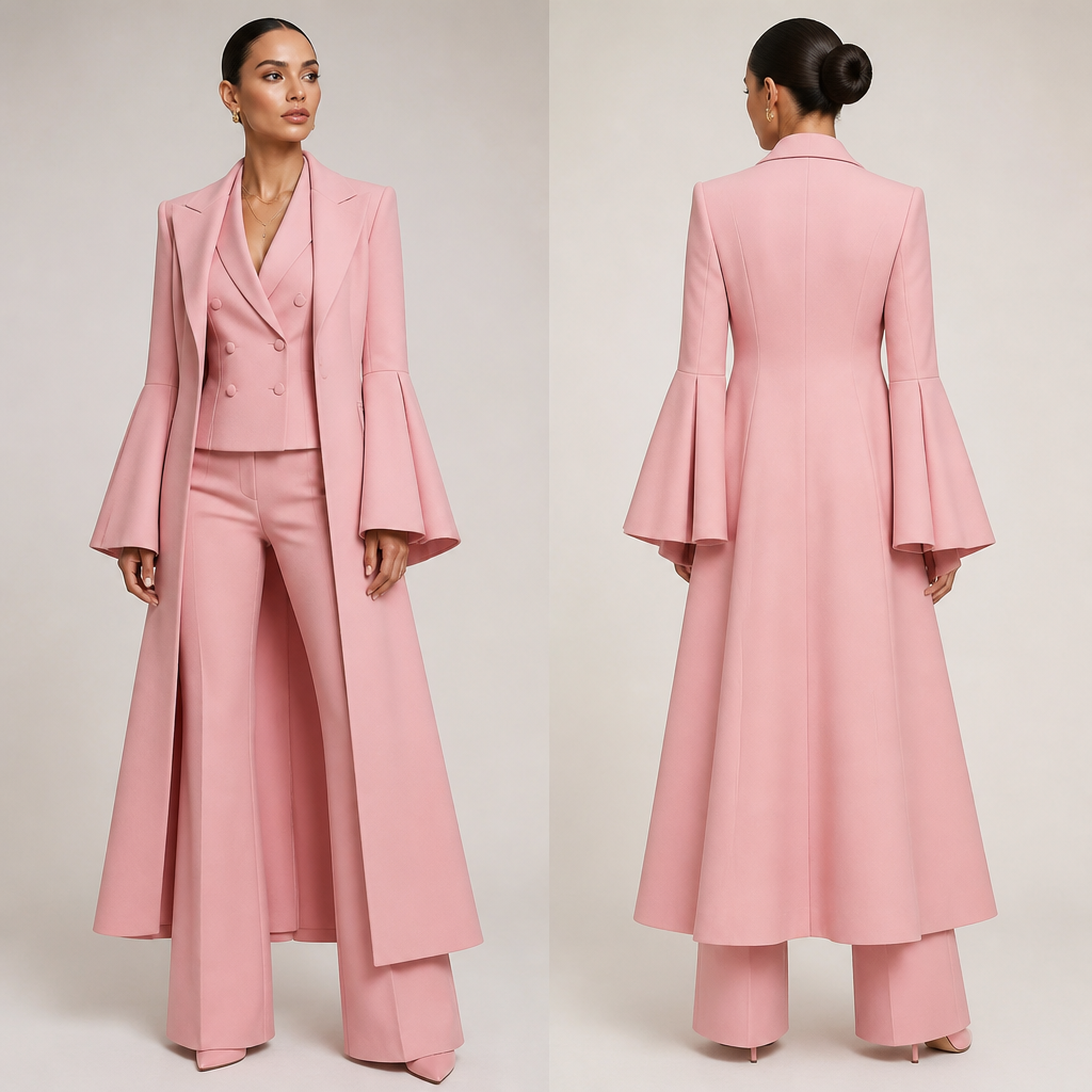 Pink three piece suit womens long coat flair sleeves , double breasted vest , pants flair legs pink booties same fabric as the three piece suit .
photorealistic fashion design, Pink three piece suit womens long coat flair sleeves , double breasted vest , pants flair legs pink booties same fabric as the three piece suit ., elegant style, just the design no text, show front and back