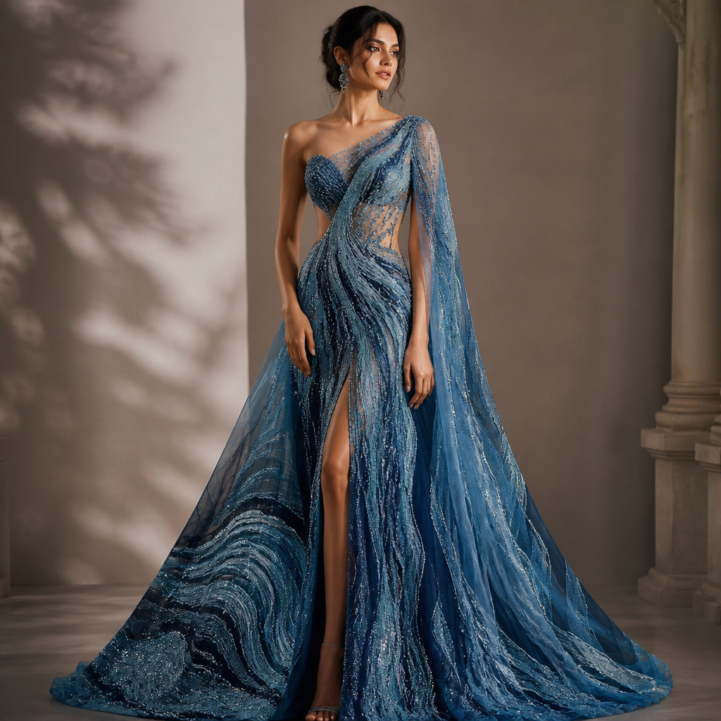 A Dress design. design a party gown with ocean blue colour which represents waves.It should be elegant and glamorous. India fashion aesthetics.
photorealistic fashion design, A Dress design. design a party gown with ocean blue colour which represents waves.It should be elegant and glamorous. India fashion aesthetics., just the design no text