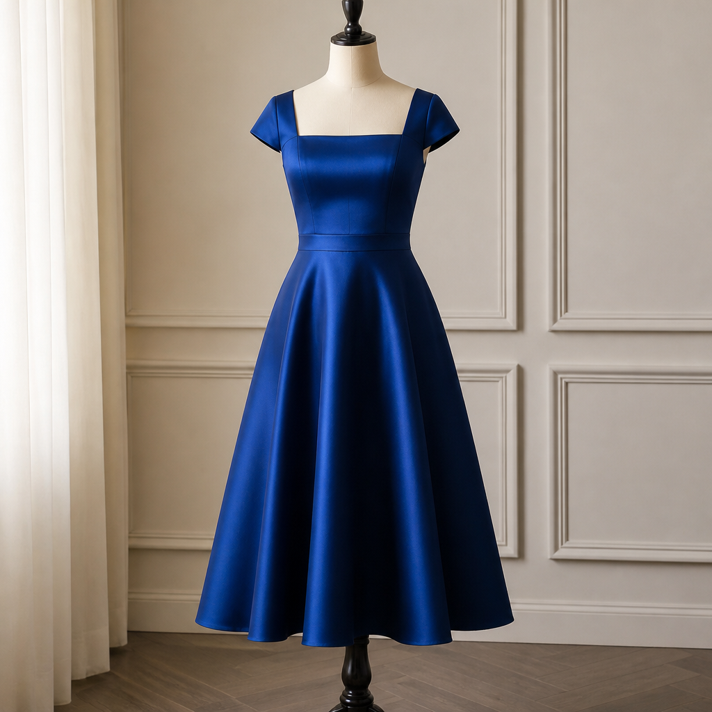 A square neck fitted bodice with tea length flare skirt dress & Cap sleeves . ( fit for a 7weeks pregnant woman for a wedding)
Fabric choice : Royal blue paradise satin
Put the dress on a mannequin.
You can add simple details if possible
photorealistic fashion design, A square neck fitted bodice with tea length flare skirt dress & Cap sleeves . ( fit for a 7weeks pregnant woman for a wedding)
Fabric choice : Royal blue paradise satin
Put the dress on a mannequin.
You can add simple details if possible
, just the design no text