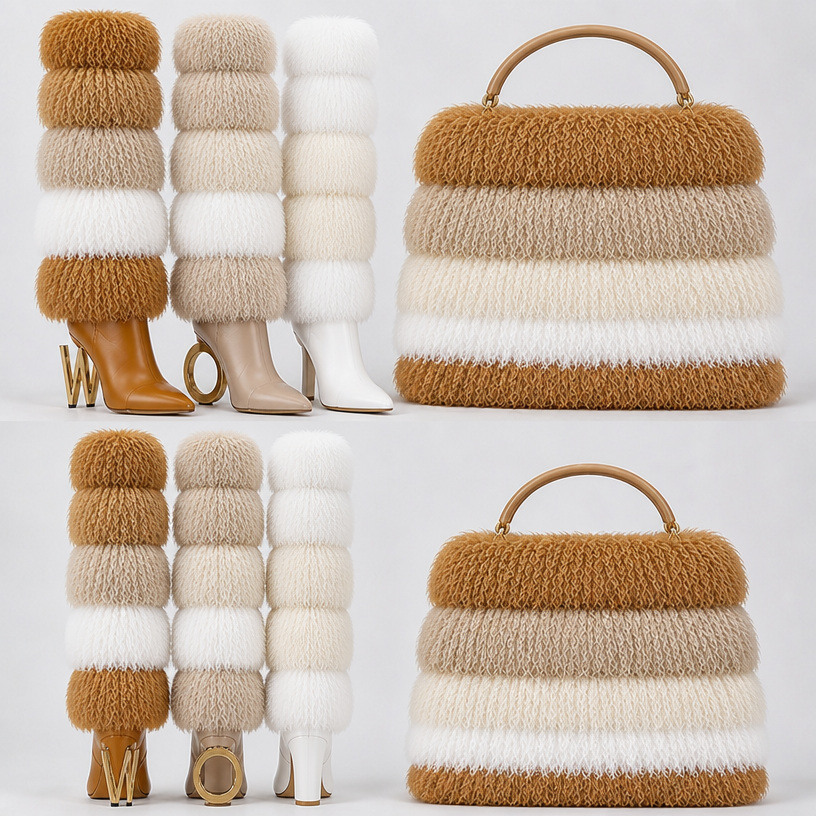 Make the same boot three colors tan leather , very very light brown , white and the bag also
edit the attached fashion design with these instructions: Make the same boot three colors tan leather , very very light brown , white and the bag also. keep it photorealistic, just the design no text