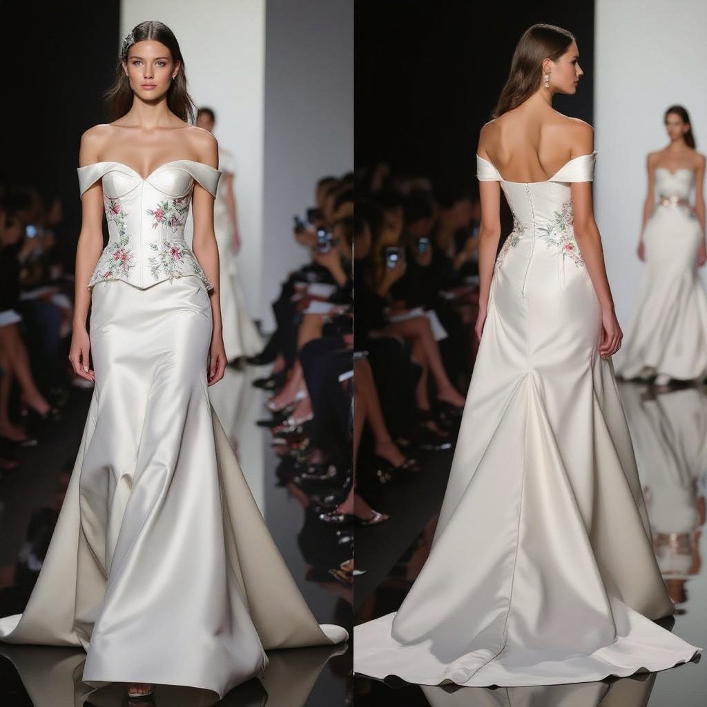 Create a mannequin wearing a cream satin gown with an off-shoulder corset top, floral embroidery, and a fitted waist flowing into a sleek floor-length skirt with a small train
Create a mannequin wearing a cream satin gown. The gown has an off-shoulder corset top with floral embroidery and a fitted waist. It flows into a sleek floor-length skirt with a small train.