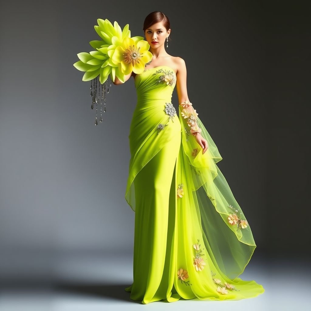 Create a one shoulder asymmetrical dress with one thigh exposed. In color lime green with beaded crystals and stones of varying sizes. One the one shoulder, add a very large organza flower. The on that shoulder, add a dropping sleeve, floor length with varying sizes of the large organza flowers flowing onto the floor. Addie same flower designs to the tail of the dress which also flows to the floor. Make it airy, almost delicate and elegant, add a slit to the left thigh and make the flowers on a mesh floor length
Envision a stunning haute couture ensemble: a daring one-shoulder asymmetrical dress in vibrant lime green, accentuated by cascading beaded crystals and intricate stones. The dramatic organza flower blooms boldly on the shoulder, while a graceful dropping sleeve extends floor-length, adorned with a mesmerizing array of delicate flower designs. A chic left thigh slit reveals elegance and allure, and a flowing mesh overlay weaves an ethereal quality throughout, echoing the flower motifs at the dress's tail. This creation radiates sophistication, embodying the essence of haute couture artistry.
