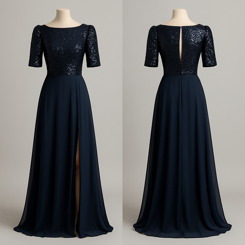 Se trata de un vestido largo de gala en color azul marino , de estilo elegante y moderno, con una combinación de tejidos brillantes y fluidos que crean un contraste sofisticado.
La parte superior del vestido está confeccionada en tela de lentejuelas negras hasta la cadera que aportan brillo y textura. El corte del cuerpo es ajustado, entallado a la silueta, con escote recto y líneas limpias que realzan la figura.
A este diseño se le deben añadir mangas confeccionadas con la misma tela de lentejuelas. Las mangas deben llegar hasta el codo con un fruncido al final con un ajuste cómodo y elegante, siguiendo la forma natural del brazo con un poco de volumen 
En la espalda, el diseño incluirá una apertura central (una hendidura vertical) que comience en la parte superior y llegue hasta media espalda. Esta abertura debe ser discreta pero visible, un poco abierta aportando un toque sensual y moderno al conjunto. Se puede cerrar en la parte superior con un pequeño broche o botón oculto para mantener el acabado fino.
La falda conserva el diseño original: larga, de tela ligera de gasa o tul negro semitransparente, que cae desde la cintura con un movimiento fluido y elegante. Puede incluir una abertura lateral que deje entrever la pierna al caminar, añadiendo dinamismo al conjunto.
En conjunto, el vestido mantiene un equilibrio entre el brillo sofisticado de la parte superior y la ligereza etérea de la falda, ideal para eventos de noche o de gala.