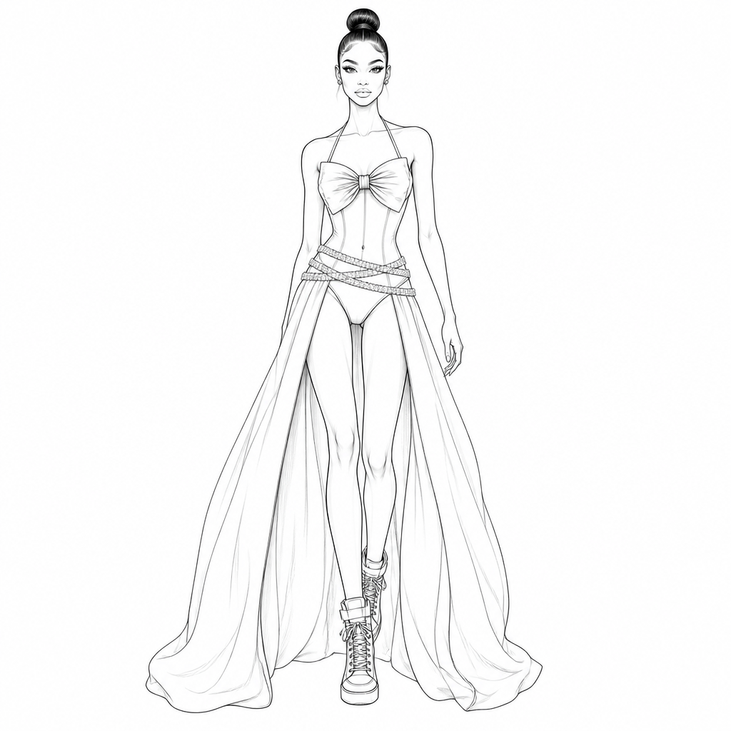 A Female Activewear design, suitable for Summer, in Y2K style. Female fashion croquis in a runway walking pose with an exaggerated hourglass silhouette, tiny waist, long legs, and a sleek high bun hairstyle.
TOP:
A fitted halter-neck corset top. Two thin straps rise from the outer bust and connect behind the neck. The bust is formed by a large symmetrical bow made from gathered fabric. The bow has a tight center knot with visible pleating radiating outward on both sides. The neckline creates a soft sweetheart shape. The bodice is skin-tight and heavily waist-cinching, ending just above the hips.
WAIST DETAIL:
Three separate crystal-studded belts wrap diagonally around the low hip area. The belts overlap each other, creating an asymmetrical layered sash effect. Each belt is fully covered in small rhinestone embellishments.
BOTTOM:
The base is a high-cut fitted bodysuit. Attached beneath the crystal hip belts are extremely oversized baggy trousers. The legs are very wide, dramatic, and voluminous, creating a palazzo-pant effect. The fabric is fluid and draped with soft vertical folds. The center front is completely open from the hips downward, exposing both legs while the oversized trouser panels hang from each side. The side seams fall vertically from the hips to the floor.
FOOTWEAR:
High-top lace-up sneakers with a rounded toe and slightly chunky sole. The sneakers are visible beneath the open-front trousers.
AESTHETIC:
Luxury streetwear, Y2K glamour, runway couture, feminine but edgy, rebellious baddie fashion, sporty-meets-glamorous styling. Clean fashion illustration, black line art, professional fashion sketch, white background, minimal shading, highly detailed garment construction.
IMPORTANT:
Keep the bow exactly centered on the bust, keep the three rhinestone belts overlapping diagonally on the hips, keep the trousers extremely baggy and floor-length, keep the center front fully open, and keep the high-top sneakers visible. Maintain the exact proportions and silhouette of a professional fashion croquis.. Nigeria fashion aesthetics. Design with modest coverage.
photorealistic fashion design, A Female Activewear design, suitable for Summer, in Y2K style. Female fashion croquis in a runway walking pose with an exaggerated hourglass silhouette, tiny waist, long legs, and a sleek high bun hairstyle.
TOP:
A fitted halter-neck corset top. Two thin straps rise from the outer bust and connect behind the neck. The bust is formed by a large symmetrical bow made from gathered fabric. The bow has a tight center knot with visible pleating radiating outward on both sides. The neckline creates a soft sweetheart shape. The bodice is skin-tight and heavily waist-cinching, ending just above the hips.
WAIST DETAIL:
Three separate crystal-studded belts wrap diagonally around the low hip area. The belts overlap each other, creating an asymmetrical layered sash effect. Each belt is fully covered in small rhinestone embellishments.
BOTTOM:
The base is a high-cut fitted bodysuit. Attached beneath the crystal hip belts are extremely oversized baggy trousers. The legs are very wide, dramatic, and voluminous, creating a palazzo-pant effect. The fabric is fluid and draped with soft vertical folds. The center front is completely open from the hips downward, exposing both legs while the oversized trouser panels hang from each side. The side seams fall vertically from the hips to the floor.
FOOTWEAR:
High-top lace-up sneakers with a rounded toe and slightly chunky sole. The sneakers are visible beneath the open-front trousers.
AESTHETIC:
Luxury streetwear, Y2K glamour, runway couture, feminine but edgy, rebellious baddie fashion, sporty-meets-glamorous styling. Clean fashion illustration, black line art, professional fashion sketch, white background, minimal shading, highly detailed garment construction.
IMPORTANT:
Keep the bow exactly centered on the bust, keep the three rhinestone belts overlapping diagonally on the hips, keep the trousers extremely baggy and floor-length, keep the center front fully open, and keep the high-top sneakers visible. Maintain the exact proportions and silhouette of a professional fashion croquis.. Nigeria fashion aesthetics. Design with modest coverage., y2k style, just the design no text