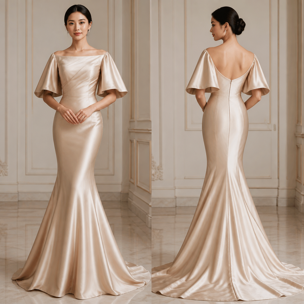 A Dress design, made of Silk, for Formal, in Old Money + Elegant + Classic style. mermaid gown with a tulip sleeves. Indonesia fashion aesthetics.
photorealistic fashion design, A Dress design, made of Silk, for Formal, in Old Money + Elegant + Classic style. mermaid gown with a tulip sleeves. Indonesia fashion aesthetics., old_money style, just the design no text, show front and back