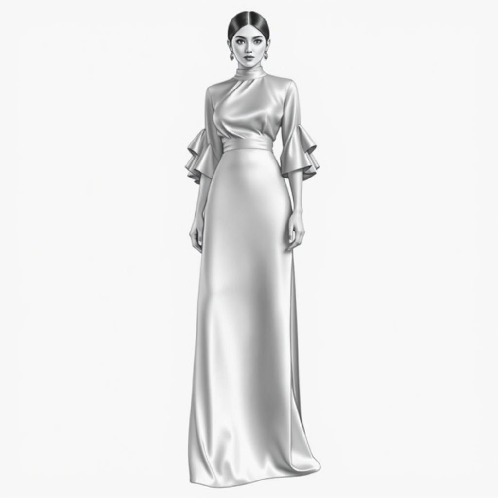 NO NECK AND CLEAVAGE SHOWING. . An elegant casual Maxi dress that has shape but is Not Form fitting. Covering the neck . In Satin . All one color. Details in the sleeves
Design an exquisite, elegant casual maxi dress crafted from luxurious satin. The dress features a high neckline, gracefully covering the neck, and falls to a sophisticated ankle length. The silhouette is subtly shaped yet flowing, with delicate detailing on the sleeves, incorporating soft ruffles or pleats for added sophistication, all in a monochromatic hue.