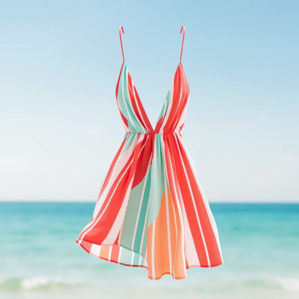 One piece with thin stripes - inspired by solid and strip
Design a breezy summer one-piece dress adorned with thin, playful stripes in vibrant hues of coral and aqua. The lightweight fabric should flow effortlessly, capturing the essence of sunshine. Incorporate a plunging neckline and an open back for a flirty touch, perfect for beach outings or picnics under the sun.