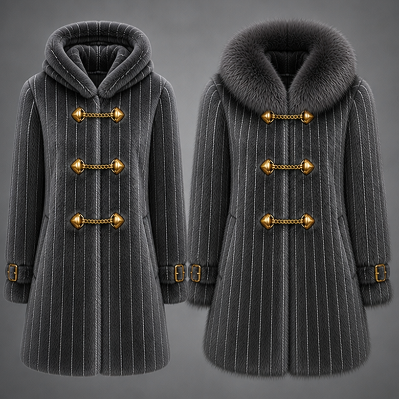 Same two coats one mink and fox fur Men’s coats in the color grey pinstriped
edit the attached fashion design with these instructions: Same two coats one mink and fox fur Men’s coats in the color grey pinstriped. keep it photorealistic, just the design no text