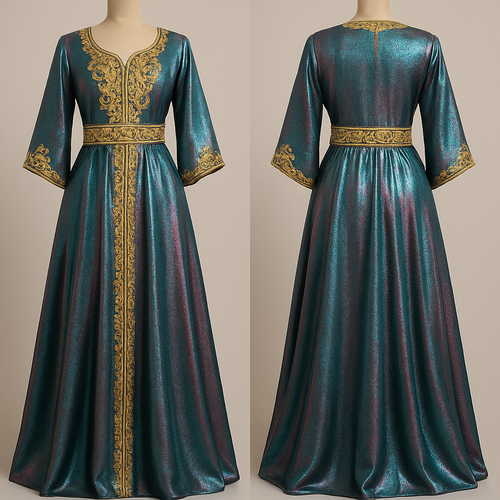 Create a takshita in petrol/pink lamé fabric that shimmers. Sfifa and zwaq maalam should be gold. The tahtiya should be showing in petrol satin fabric. The swaq maalam design should be fuller in de upper side (chest)