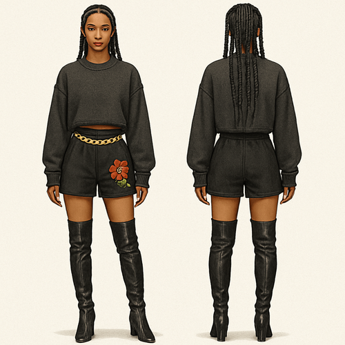 Sweater shirt  black shorts gold chain on shorts flower on the shorts braids thigh high boots 