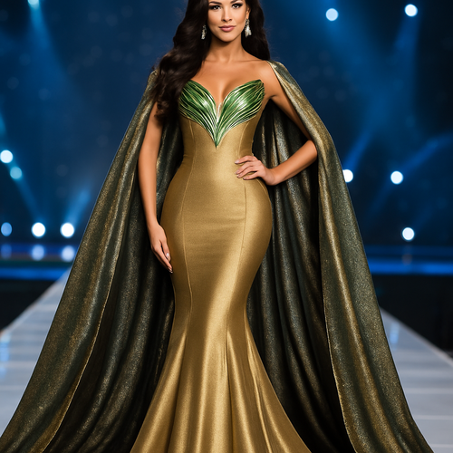Design a luxurious mermaid-style evening gown for a beauty queen on stage. The dress is mostly matte gold with shiny light green details on the bust shaped like pointed leaves. Add a long gold cape with black, gray, and green reflections, metallic gray shimmer. Show the model full body, with elegant posture, long hair, and glamorous pageant makeup. The background must look like an international stage with lights and runway, high-quality fashion photography lighting.”
