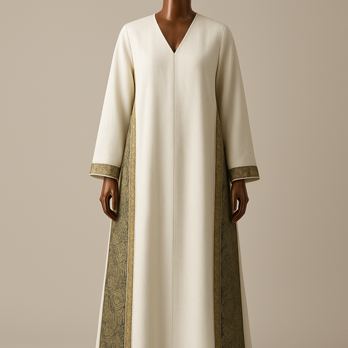 
(photorealistic)
"Photorealistic full-length fashion photograph of an ankle-length ivory white abaya v cut from front displayed on a luxurious polished wooden mannequin. The abaya features long side slits from underarm to ankle with an external Kashmiri patterned panel attached to the outer edge of each slit; the Kashmiri panel is jacquard/textured paisley in complementary-olive green with little gold touches tones. A narrow Najdi geometric embroidery (2–2.5 cm wide) in matte antique-gold thread runs along the outer edge of each panel, with small repeating motifs spaced every 15–20 cm — embroidery visible down to the ankle. Silhouette: straight A-line, soft drape, lightweight wool-blend, lightly lined. Styling: clean neutral studio background, soft directional warm light, full-length view showing panels to the ankle, high-detail texture and fabric realism. Camera: 35mm perspective, shallow depth of field (f/4), high-resolution output (4k)."
