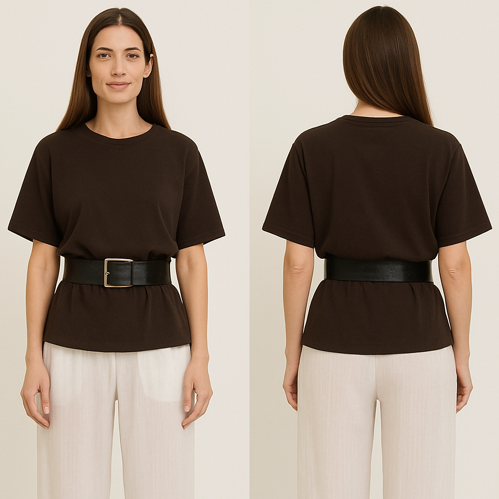 A pretty women age 35. Long straight hair, brown. with wide white trousers - the fabric is thin and little bit see through , dark brown t shirt (oversized) . On top of the t shirt a black vintage leather belt (wide)
A pretty women age 35. Long straight hair, brown. with wide white trousers - the fabric is thin and little bit see through , dark brown t shirt (oversized) . On top of the t shirt a black vintage leather belt (wide), casual style, show front and back