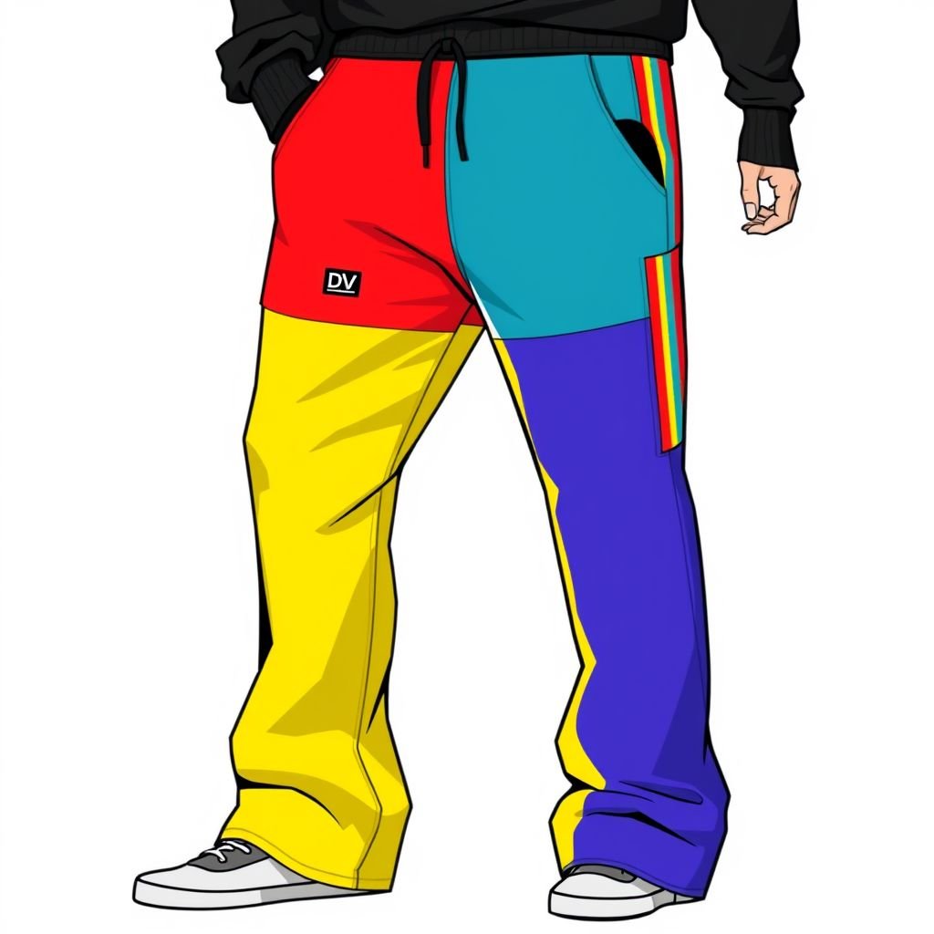 Manfinity EMRG Men Simple Solid Color Spliced Front Tie Casual Straight Leg Pants, Rainbow Strip, Side Opening Design White Pants, Hip Hop Long Baggy Pants, For Husband, Boyfriend Gifts Retro Pants For Menmen's Track Pantsstreet Wear Pantsy2k Pants Meny2k Pants For Men. With DV on pocket
Design a vibrant pair of streetwear pants featuring a bold color-blocked spliced front with rainbow stripes accentuating the sides. These casual straight-leg, hip-hop inspired pants showcase unique side openings and a loose fit, perfect for any fashion-forward man. Add a distinctive DV logo on the pocket for a touch of urban flair.