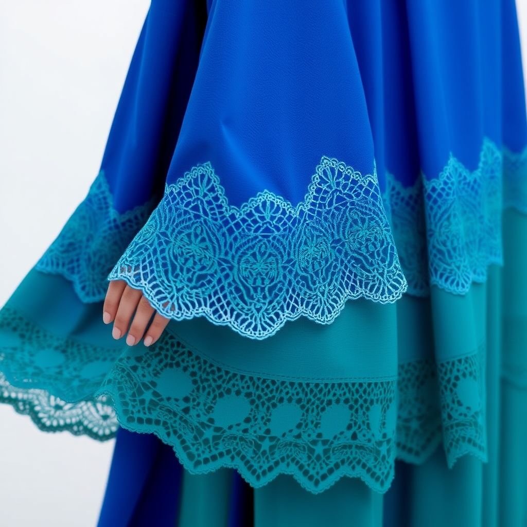 Abaya with broderie and flare sleeves
Transform the traditional abaya into a modern masterpiece, featuring intricate broderie anglaise along the hem and sleeves. The flare sleeves cascade gracefully, adorned with delicate lace trim. Incorporate a soft, flowing fabric that drapes beautifully while offering a vibrant color palette of royal blues and emerald greens, perfect for a contemporary yet elegant look.