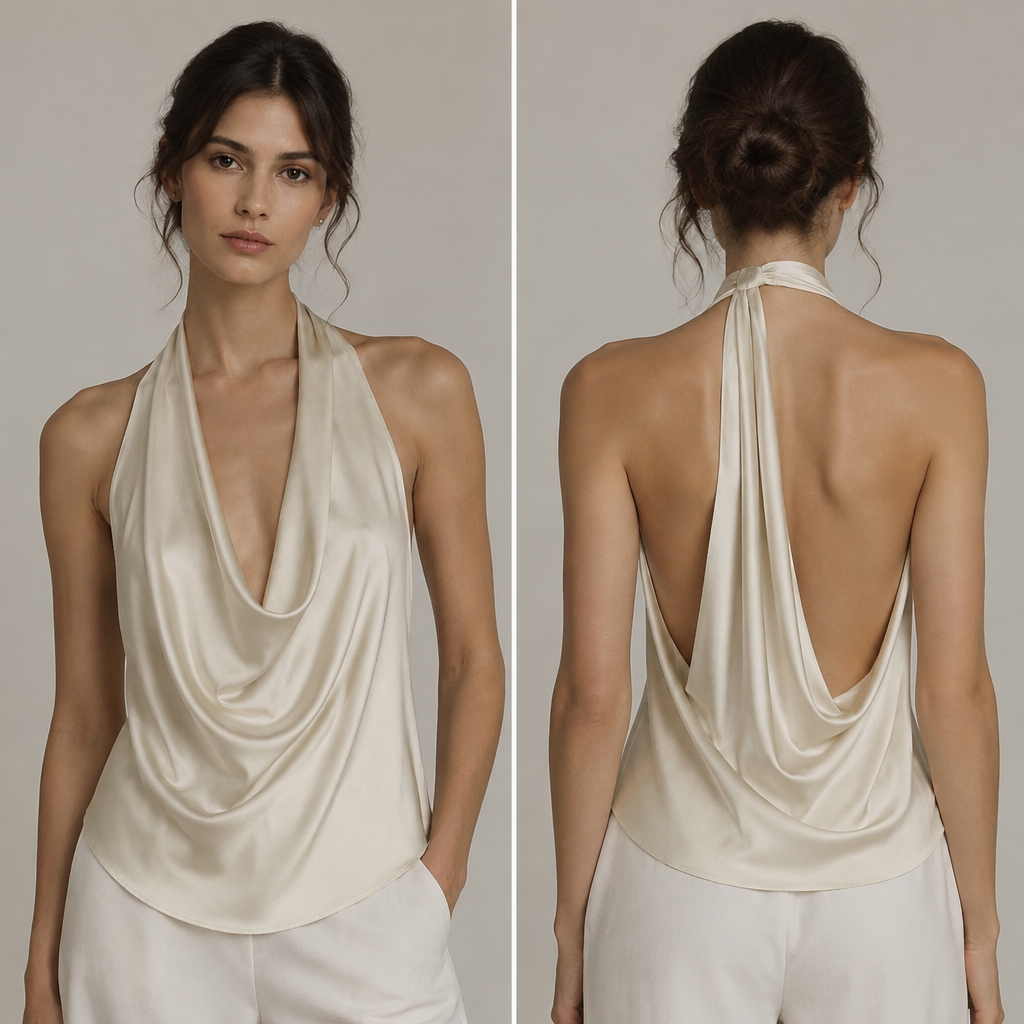 I want a top with a halter neck and a draping
photorealistic fashion design, I want a top with a halter neck and a draping, just the design no text, show front and back