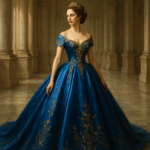 A realistic fashion illustration of a royal woman wearing a luxurious blue silk ball gown with a fitted bodice and wide flowing skirt, delicate gold embroidery and jeweled accents, standing gracefully in a grand palace hall with soft lighting and marble floors, elegant and majestic atmosphere, detailed fabric texture and rich color tones.