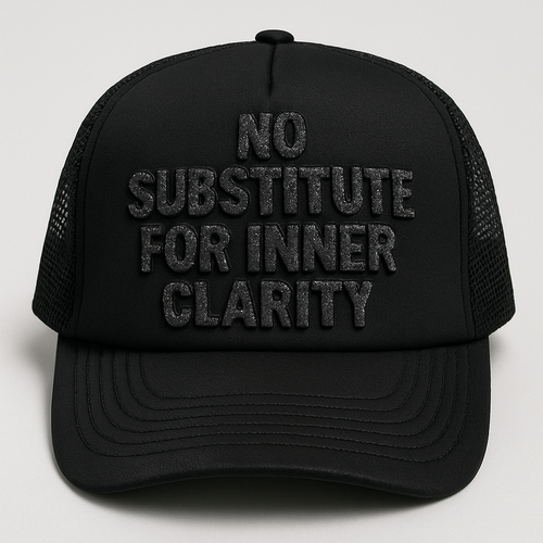A foam trucker with raised glittery embroidery on the text in black saying no substitute for inner clarity 
