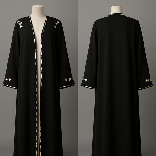 The Pearl Edge Bloom Abaya
Tone: Charcoal or Onyx Black Design: Pearl-lined edges with tiny floral clusters at the shoulder and cuffs. Why it will sell: Pearls = timeless and premium. This is a guaranteed best-seller.