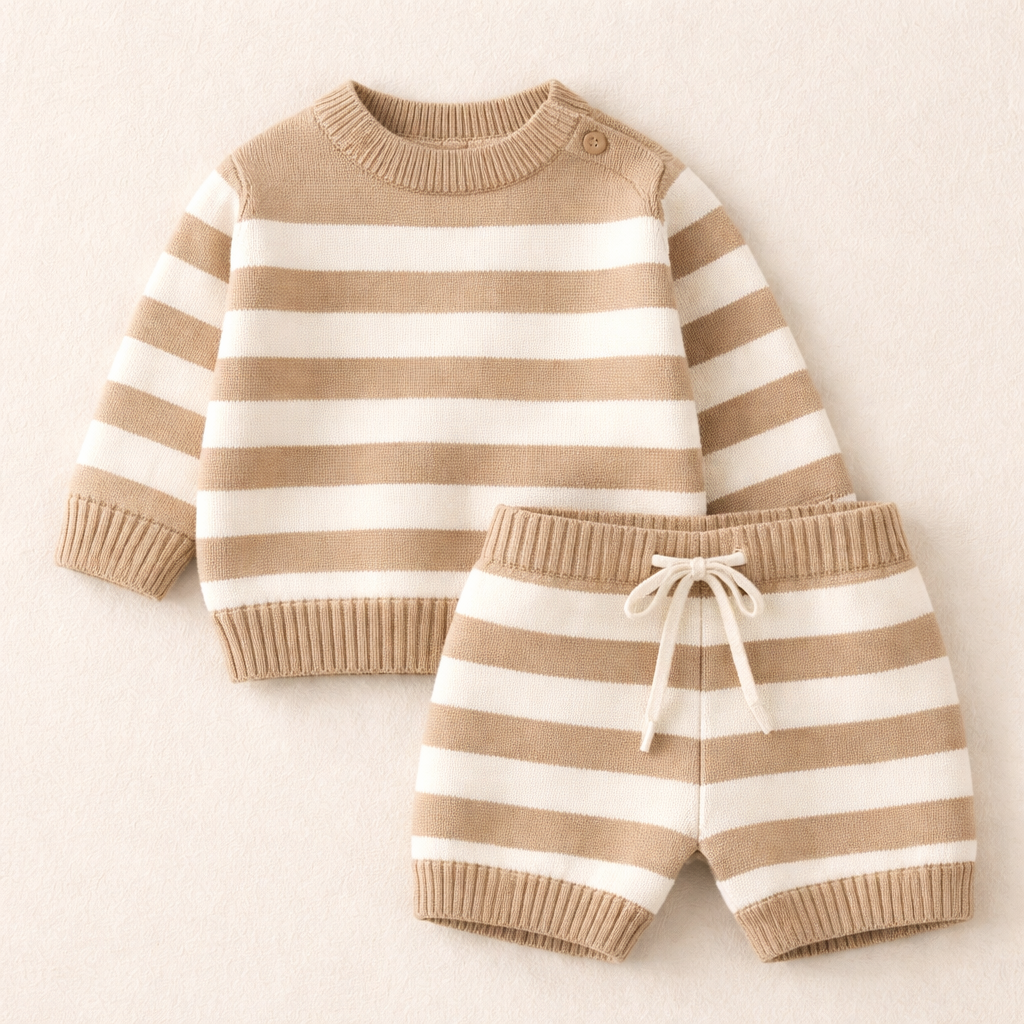 Sweater set for toddler, beige and white half horizontal stripes
Sweater set for toddler, beige and white half horizontal stripes