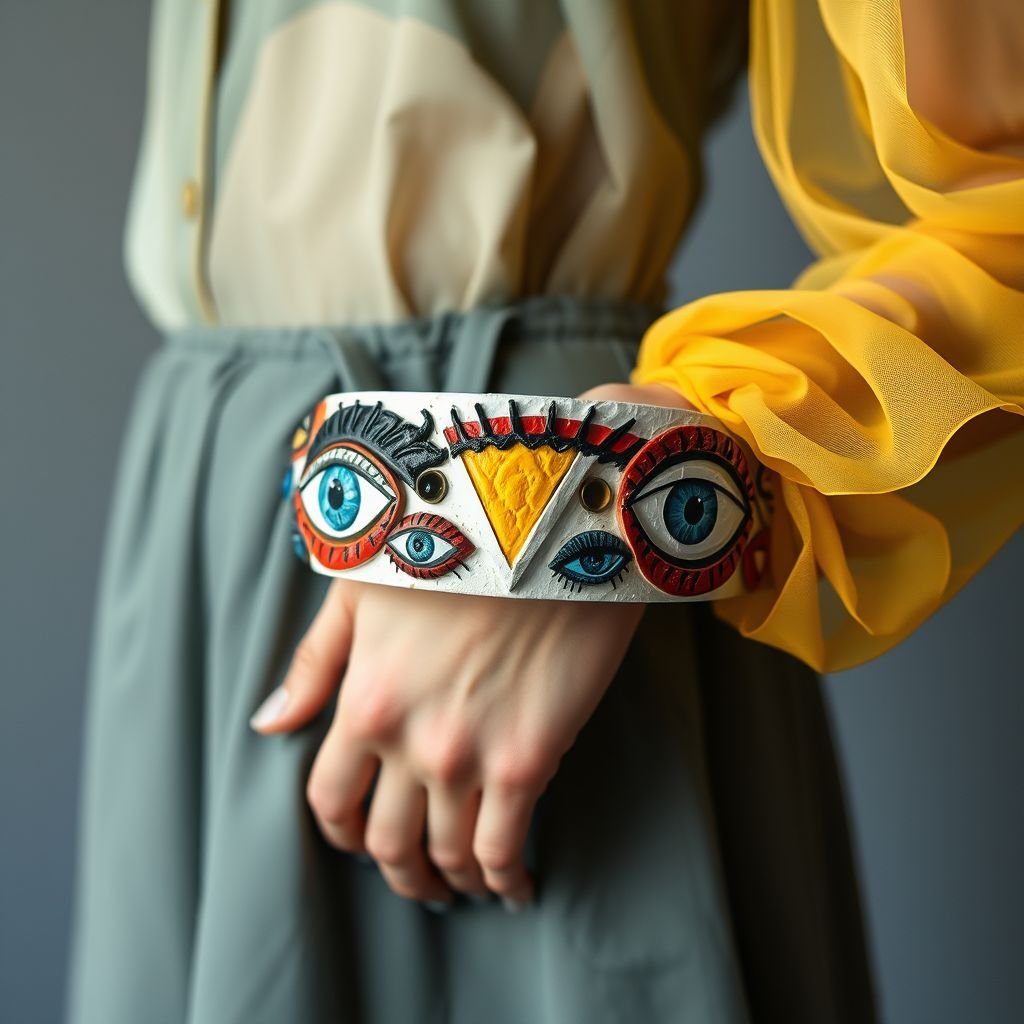 Papier-mâché bangle which is painted eyes on it
Design a whimsical fashion statement: a bold papier-mâché bangle featuring an array of intricately painted eyes in vibrant colors. Each eye tells a story, evoking emotions and mystery. Pair it with flowing, sheer fabric sleeves that flutter with movement, adding an ethereal touch, perfect for avant-garde or festival wear.