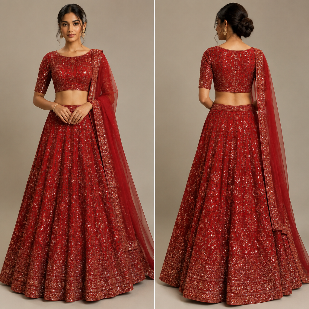 Laal rang da lehnga shimmery work te half sleeves round neck blouse
photorealistic fashion design, Laal rang da lehnga shimmery work te half sleeves round neck blouse, just the design no text, show front and back